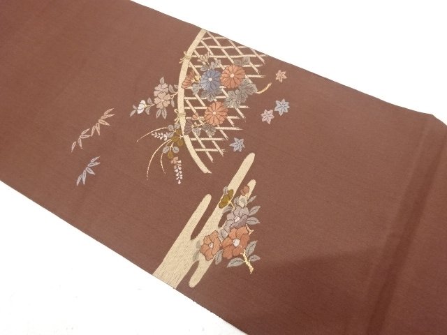 Fukuro obi, woven with chrysanthemum, camellia, and bush clover patterns on Koet